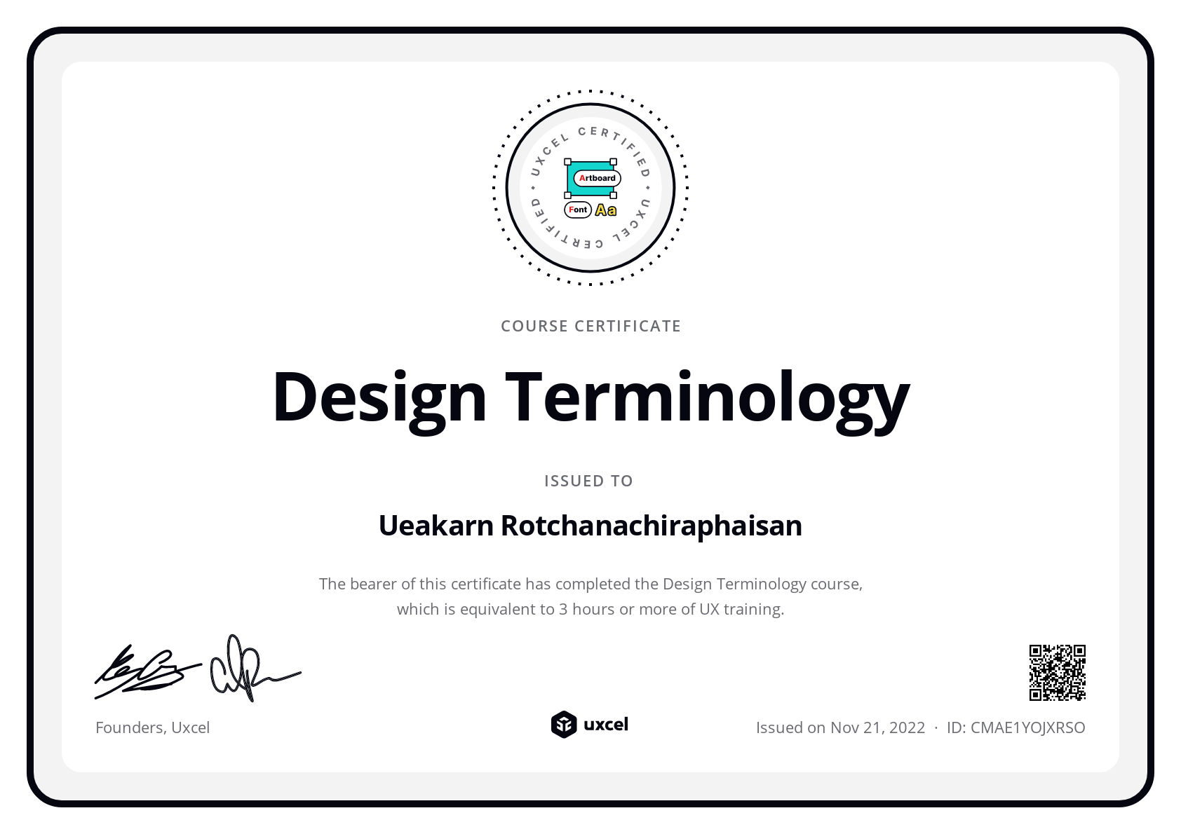 Ueakarn Rotchanachiraphaisan's certificate